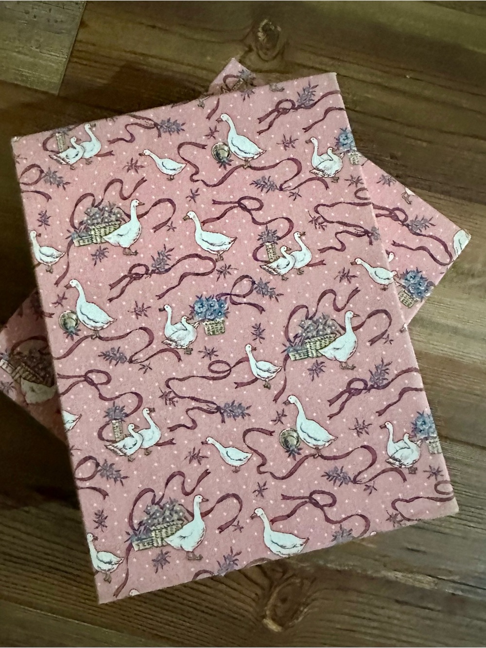 Vintage Goose Pink Fabric Storage Box Precious Goose, Flower, & Ribbon Design
